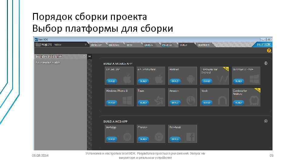 Порядок сборки проекта Выбор платформы для сборки 26. 08. 2014 Установка и настройка Intel