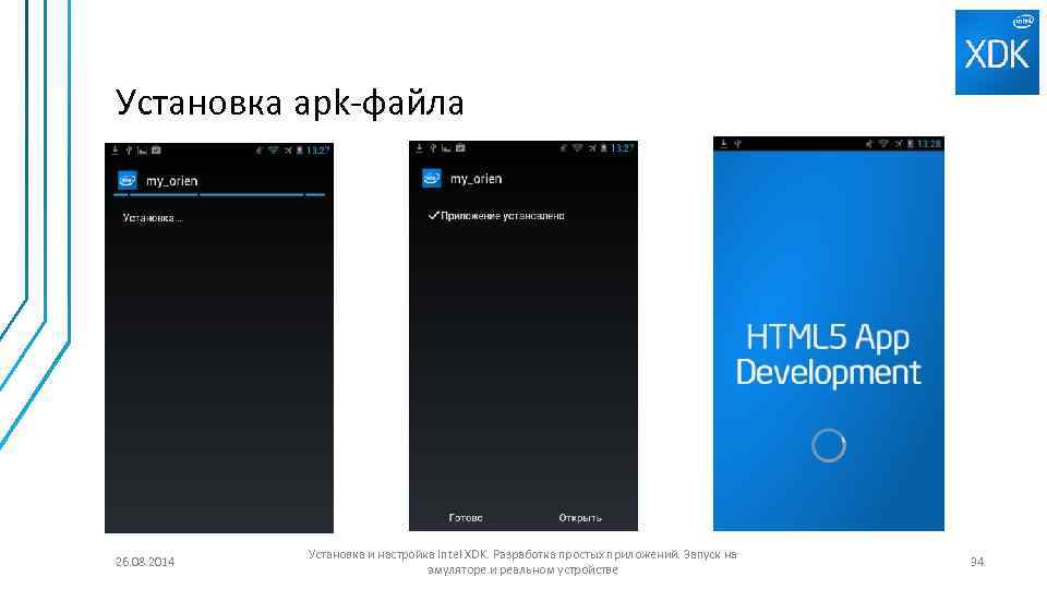 Установка apk-файла 26. 08. 2014 Установка и настройка Intel XDK. Разработка простых приложений. Запуск