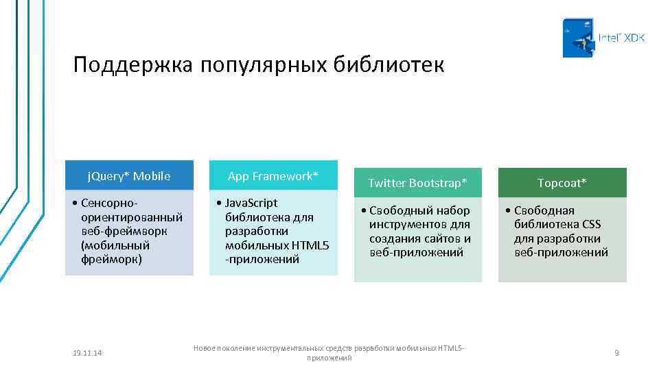 Поддержка популярных библиотек j. Query* Mobile App Framework* • Сенсорноориентированный веб-фреймворк (мобильный фрейморк) •