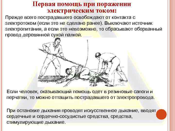 Первая помощь при поражении электрическим током: . Прежде всего пострадавшего освобождают от контакта с