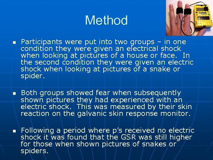 Method n n n Participants were put into two groups – in one condition