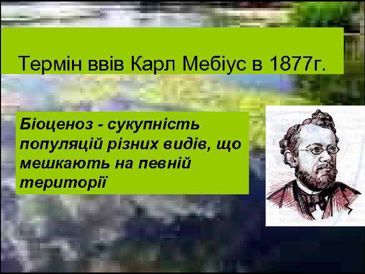 Термін ввів Карл Мебіус в 1877 г. Біоценоз - сукупність популяцій різних видів, що