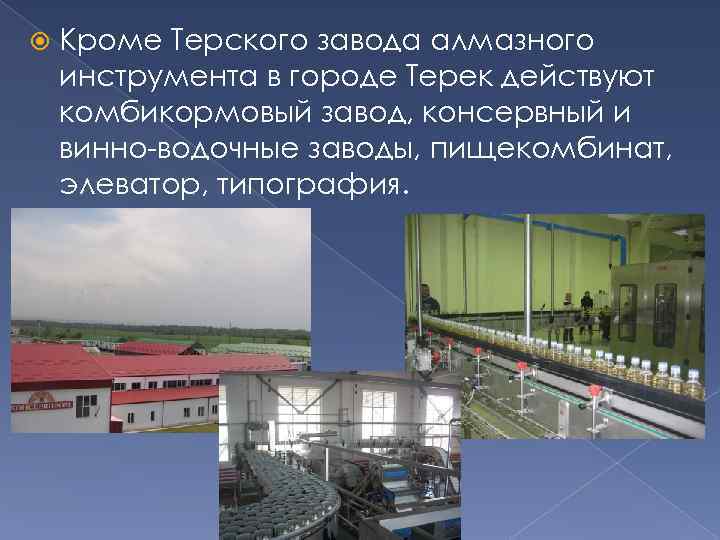  Кроме Терского завода алмазного инструмента в городе Терек действуют комбикормовый завод, консервный и