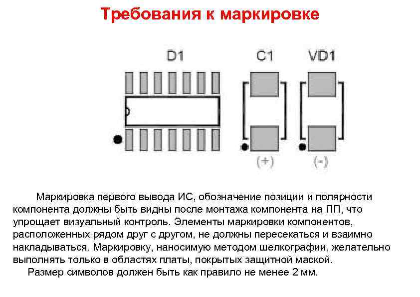 Требования к маркировке Маркировка первого вывода ИС, обозначение позиции и полярности компонента должны быть
