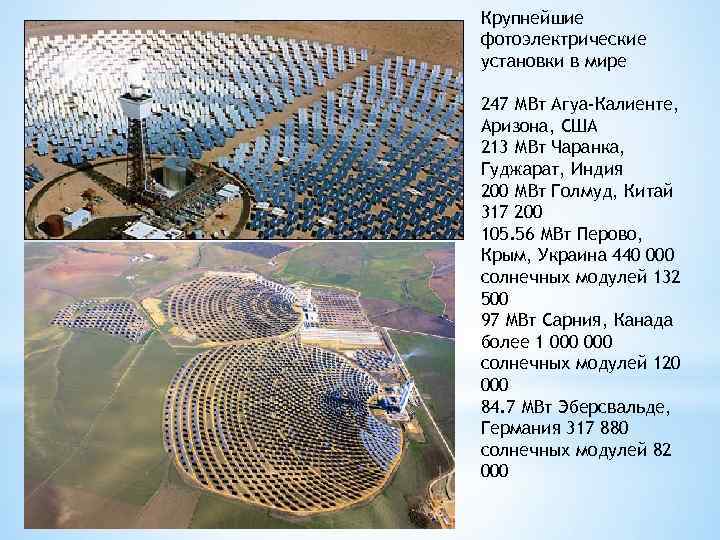 Крупнейшие фотоэлектрические установки в мире 247 МВт Агуа-Калиенте, Аризона, США 213 МВт Чаранка, Гуджарат,
