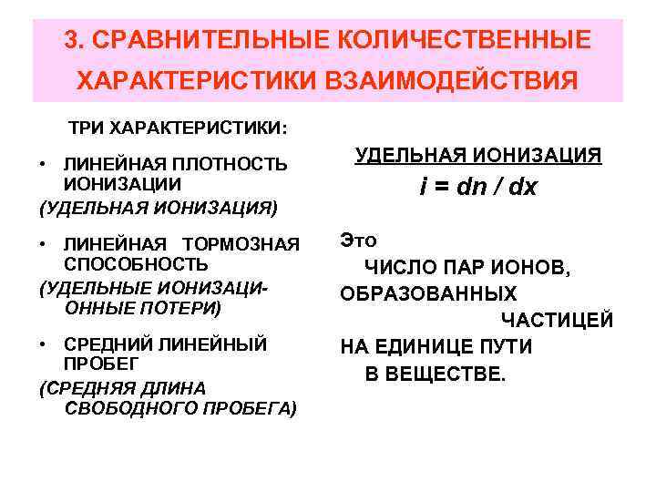 3. СРАВНИТЕЛЬНЫЕ КОЛИЧЕСТВЕННЫЕ ХАРАКТЕРИСТИКИ ВЗАИМОДЕЙСТВИЯ ТРИ ХАРАКТЕРИСТИКИ: • ЛИНЕЙНАЯ ПЛОТНОСТЬ ИОНИЗАЦИИ (УДЕЛЬНАЯ ИОНИЗАЦИЯ) •