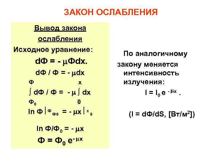 ЗАКОН ОСЛАБЛЕНИЯ Вывод закона ослабления Исходное уравнение: d. Ф = - Фdx. d. Ф