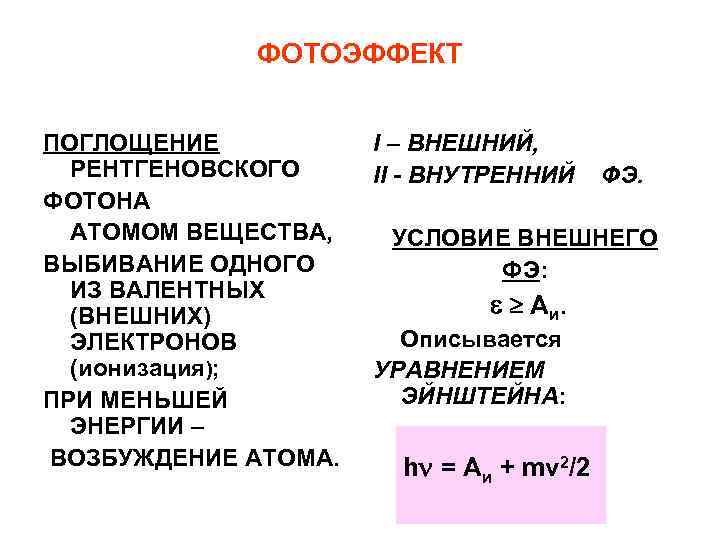 ФОТОЭФФЕКТ ПОГЛОЩЕНИЕ РЕНТГЕНОВСКОГО ФОТОНА АТОМОМ ВЕЩЕСТВА, ВЫБИВАНИЕ ОДНОГО ИЗ ВАЛЕНТНЫХ (ВНЕШНИХ) ЭЛЕКТРОНОВ (ионизация); ПРИ
