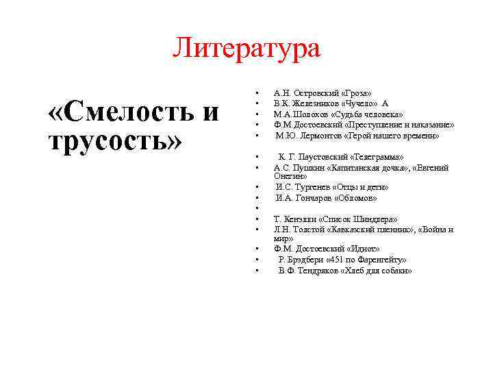 Литература «Смелость и трусость» • • • А. Н. Островский «Гроза» В. К. Железников
