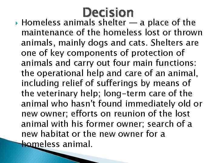  Decision Homeless animals shelter — a place of the maintenance of the homeless