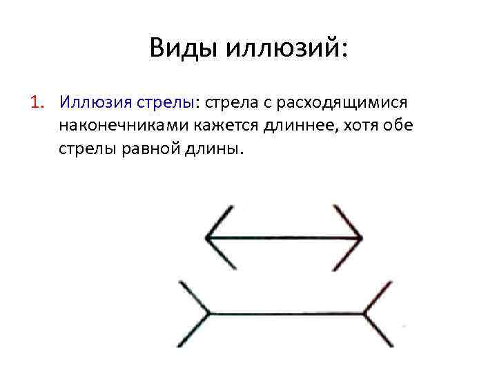 Виды иллюзий: 1. Иллюзия стрелы: стрела с расходящимися наконечниками кажется длиннее, хотя обе стрелы