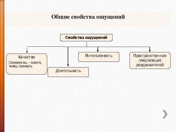 Общие свойства ощущений Свойства ощущений Интенсивность Качество Слуховые ощ. – высота, тембр, громкость Длительность