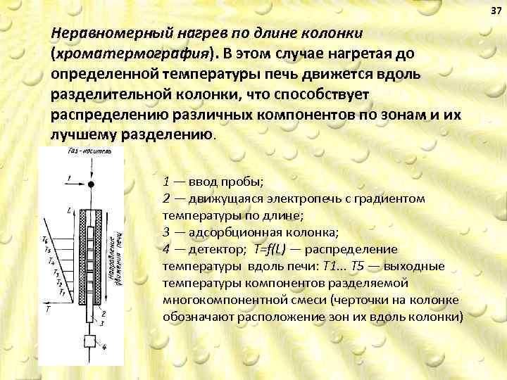 37 Неравномерный нагрев по длине колонки (хроматермография). В этом случае нагретая до определенной температуры