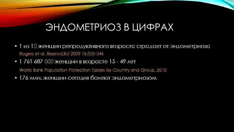 ЭНДОМЕТРИОЗ В ЦИФРАХ • 1 из 10 женщин репродуктивного возраста страдает от эндометриоза Rogers