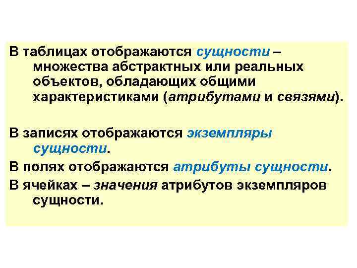 В таблицах отображаются сущности – множества абстрактных или реальных объектов, обладающих общими характеристиками (атрибутами