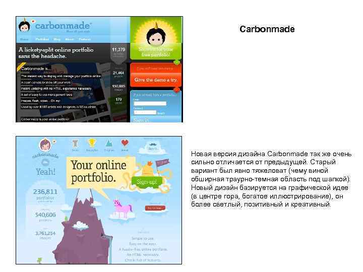 Carbonmade Новая версия дизайна Carbonmade так же очень сильно отличается от предыдущей. Старый вариант