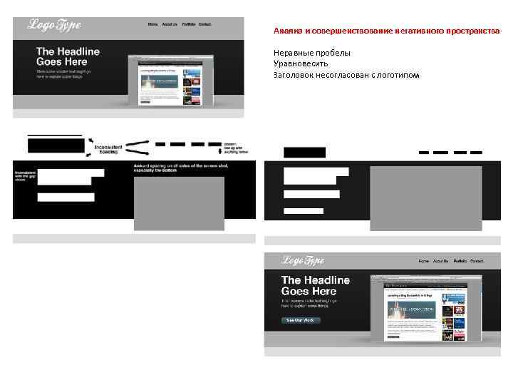 Анализ и совершенствование негативного пространства Неравные пробелы Уравновесить Заголовок несогласован с логотипом 