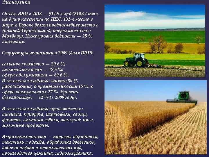 Экономика Объём ВВП в 2013 — $12, 9 млрд ($10, 52 тыс. на душу