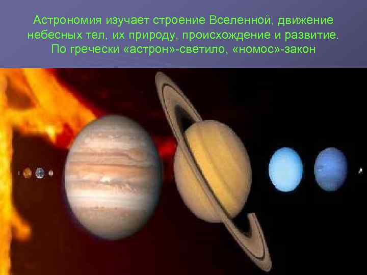 Астрономия изучает строение Вселенной, движение небесных тел, их природу, происхождение и развитие. По гречески