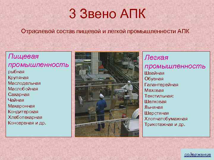 3 Звено АПК Отраслевой состав пищевой и легкой промышленности АПК Пищевая промышленность рыбная Крупяная