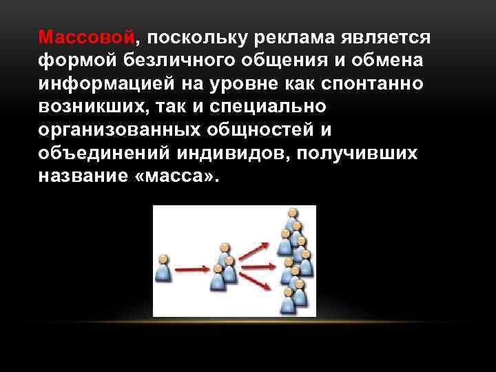 Массовой, поскольку реклама является формой безличного общения и обмена информацией на уровне как спонтанно