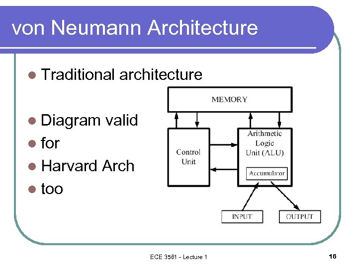 von Neumann Architecture l Traditional l Diagram architecture valid l for l Harvard Arch