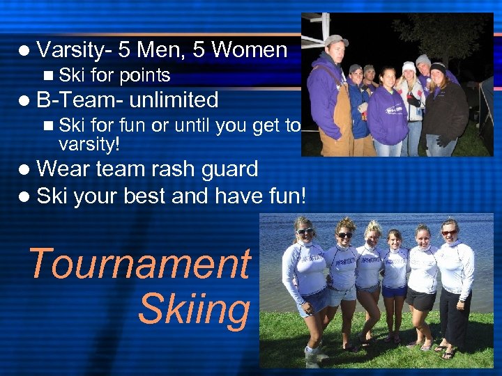 l Varsityn Ski 5 Men, 5 Women for points l B-Team- unlimited n Ski