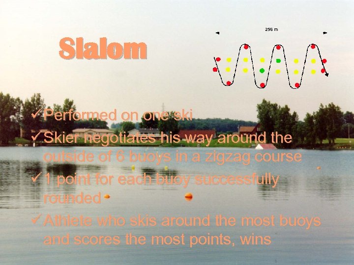 Slalom ü Performed on one ski ü Skier negotiates his way around the outside