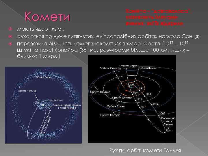 Комети Комета – “довговолоса”, називають іменами вчених, які їх відкрили мають ядро і хвіст;