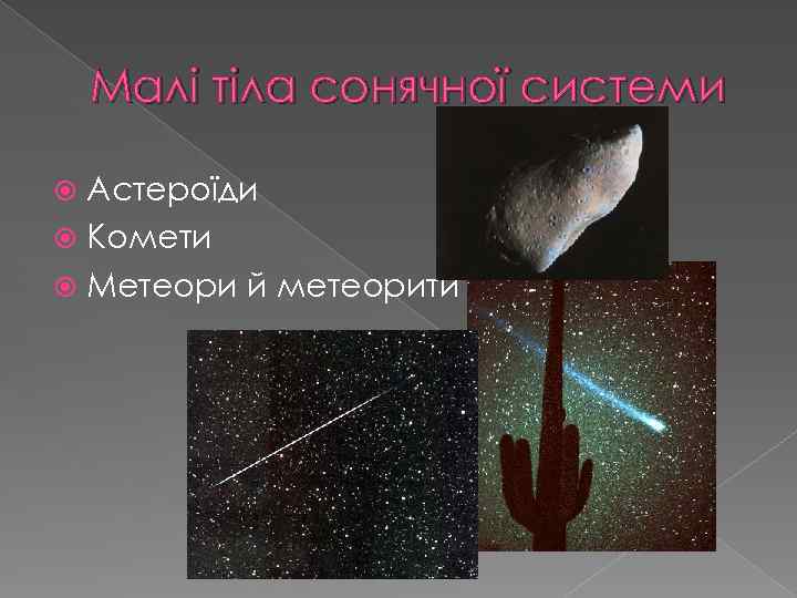 Малі тіла сонячної системи Астероїди Комети Метеори й метеорити 