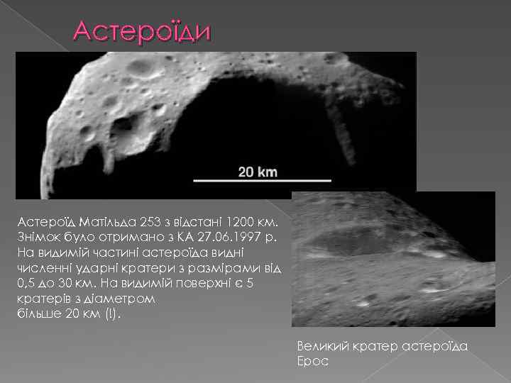 Астероїди Астероїд Матільда 253 з відстані 1200 км. Знімок було отримано з КА 27.