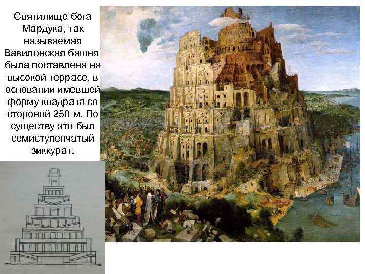 Святилище бога Мардука, так называемая Вавилонская башня, была поставлена на высокой террасе, в основании