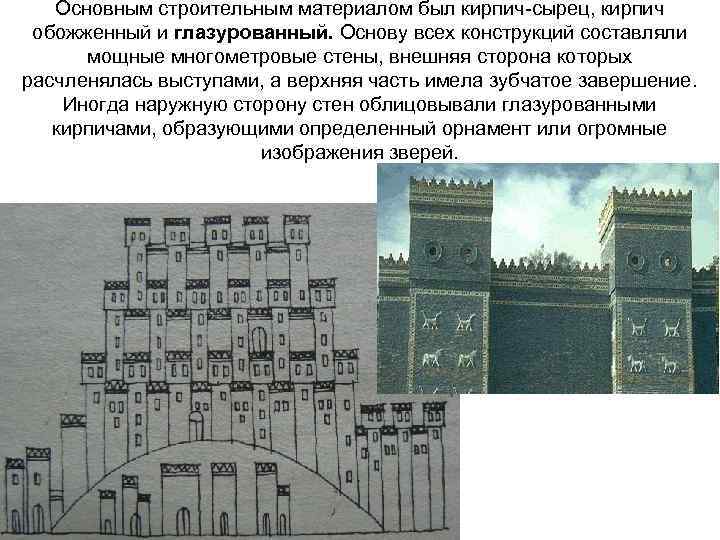 Основным строительным материалом был кирпич-сырец, кирпич обожженный и глазурованный. Основу всех конструкций составляли мощные