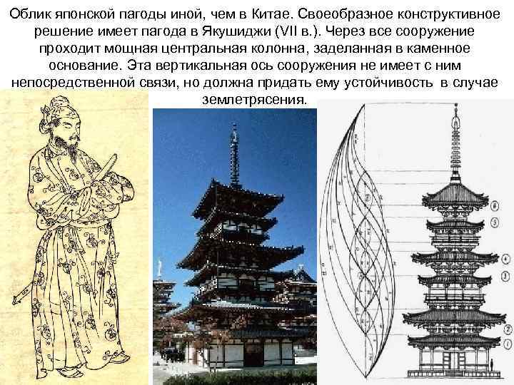 Облик японской пагоды иной, чем в Китае. Своеобразное конструктивное решение имеет пагода в Якушиджи