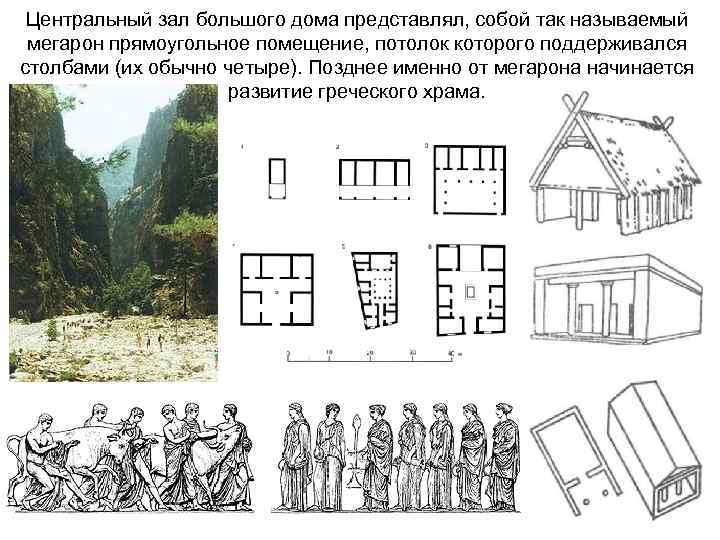 Центральный зал большого дома представлял, собой так называемый мегарон прямоугольное помещение, потолок которого поддерживался