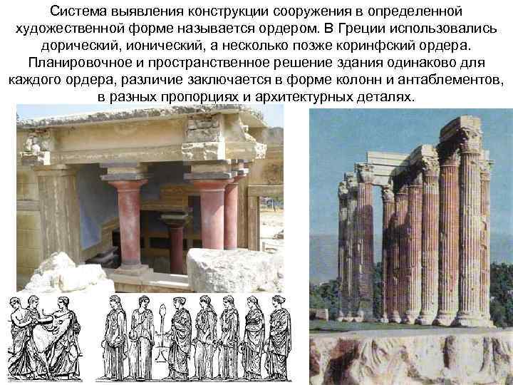 Система выявления конструкции сооружения в определенной художественной форме называется ордером. В Греции использовались дорический,