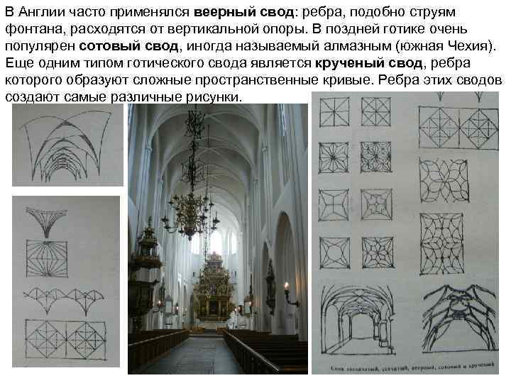 В Англии часто применялся веерный свод: ребра, подобно струям фонтана, расходятся от вертикальной опоры.