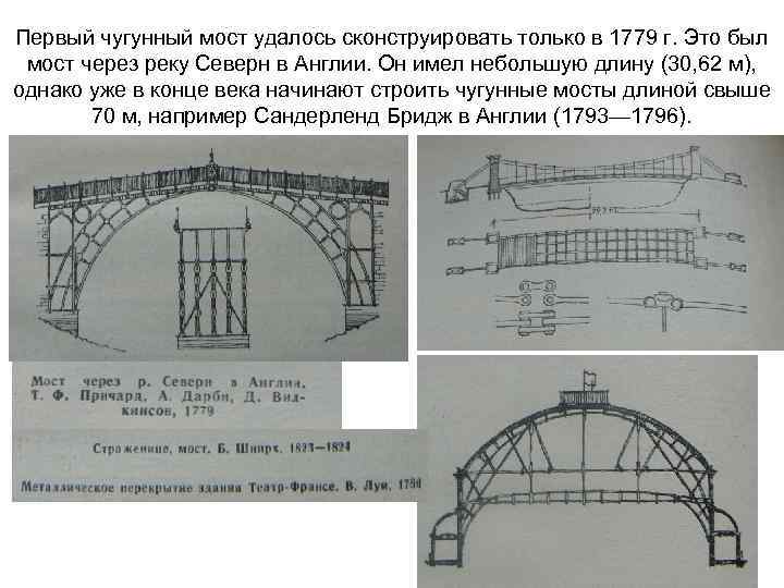 Первый чугунный мост удалось сконструировать только в 1779 г. Это был мост через реку