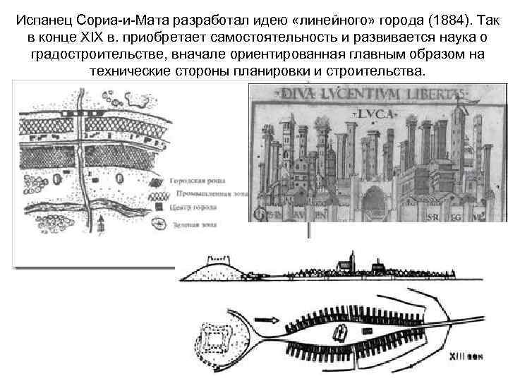 Испанец Сориа-и-Мата разработал идею «линейного» города (1884). Так в конце XIX в. приобретает самостоятельность