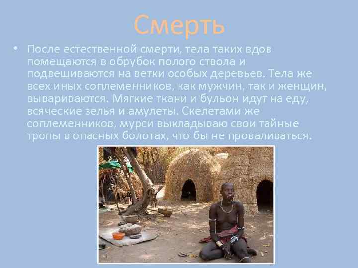Смерть • После естественной смерти, тела таких вдов помещаются в обрубок полого ствола и