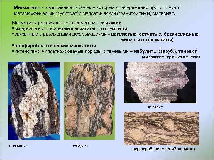 Мигматиты - смешанные породы, в которых одновременно присутствуют метаморфический (субстрат)и магматический (гранитоидный) материал. Мигматиты