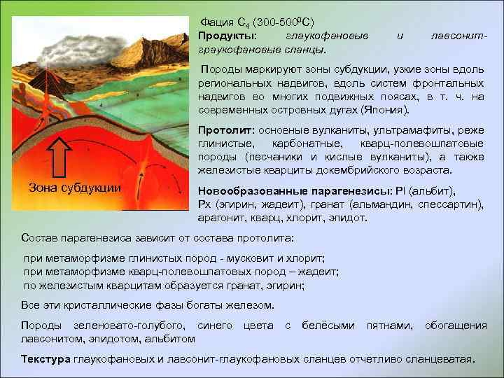  Фация С 4 (300 -5000 С) Продукты: глаукофановые граукофановые сланцы. и лавсонит- Породы