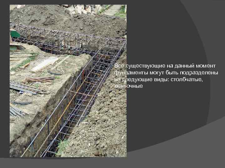 Все существующие на данный момент фундаменты могут быть подразделены на следующие виды: столбчатые, ленточные