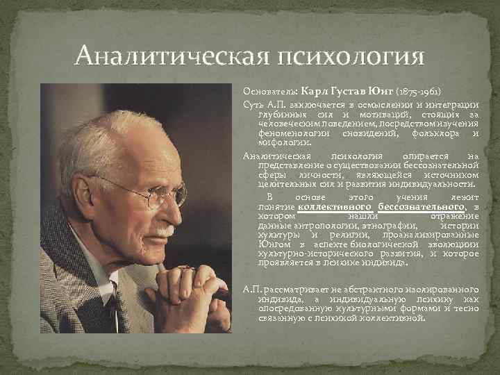 Аналитическая психология Основатель: Карл Густав Юнг (1875 -1961) Суть А. П. заключается в осмыслении