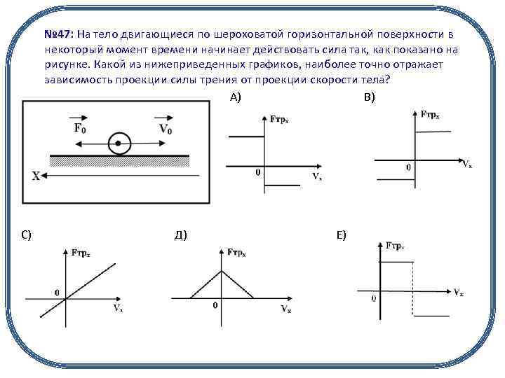 № 47: На тело двигающиеся по шероховатой горизонтальной поверхности в некоторый момент времени начинает