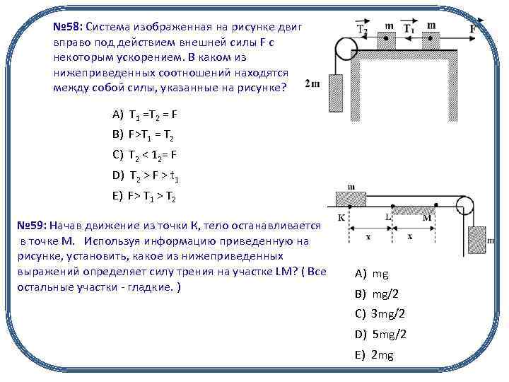 № 58: Система изображенная на рисунке двигается вправо под действием внешней силы F с