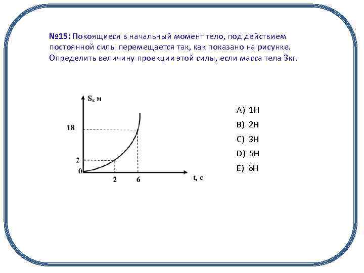 № 15: Покоящиеся в начальный момент тело, под действием постоянной силы перемещается так, как