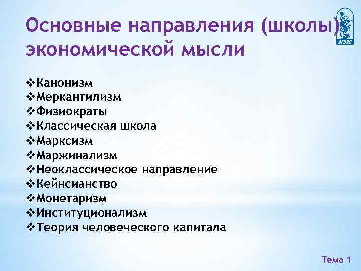 Основные направления (школы) экономической мысли v. Канонизм v. Меркантилизм v. Физиократы v. Классическая школа