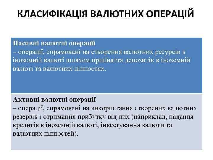 КЛАСИФІКАЦІЯ ВАЛЮТНИХ ОПЕРАЦІЙ Пасивні валютні операції – операції, спрямовані на створення валютних ресурсів в