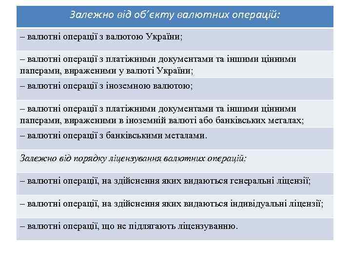 Залежно від об’єкту валютних операцій: – валютні операції з валютою України; – валютні операції